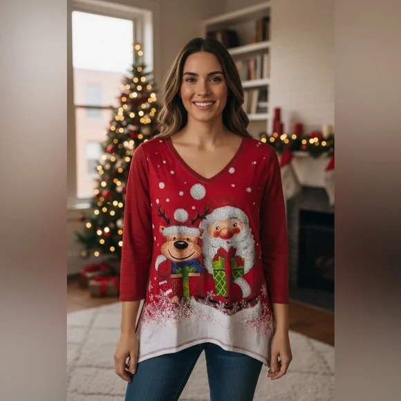 Onque Casual Santa and Reindeer Christmas Top w/ Sparkling Embellishments - Picture 1 of 15
